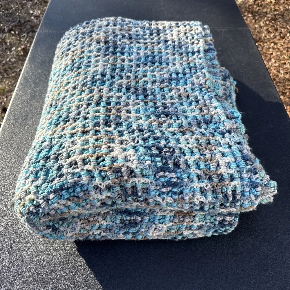 Beautiful Handmade Hand Crocheted Blue Brown And Ivory 56 X 84